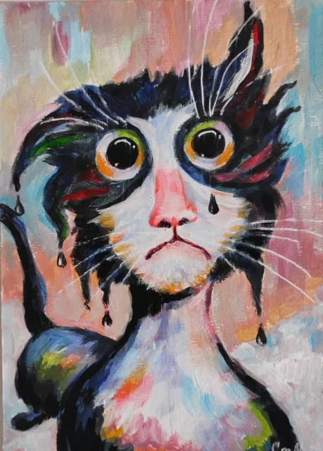 Original Art Whimsical Cat Painting Funny Pet Outsider Portrait Animal OOAK 5x7