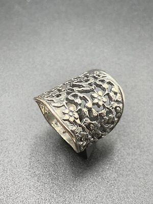 Floral Band Ring Sterling Silver 925 Wide Openwork Ornate Tall Statement Ring 3