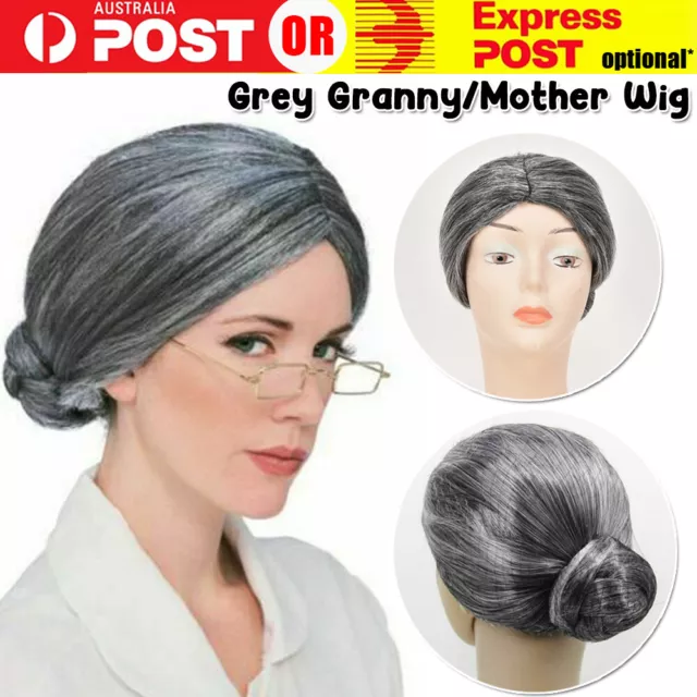 Grandma Wig Old Lady Women Grey Silver Granny Mother Dress Up Costume Cosplay AU