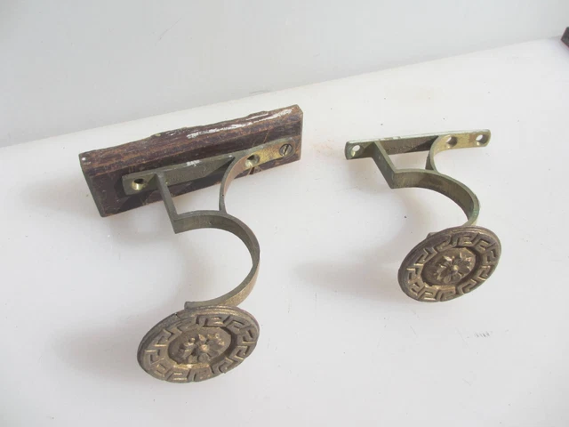 Victorian Brass Curtain Pole Holders Brackets Old Hangers Hooks Antique 4.5"D