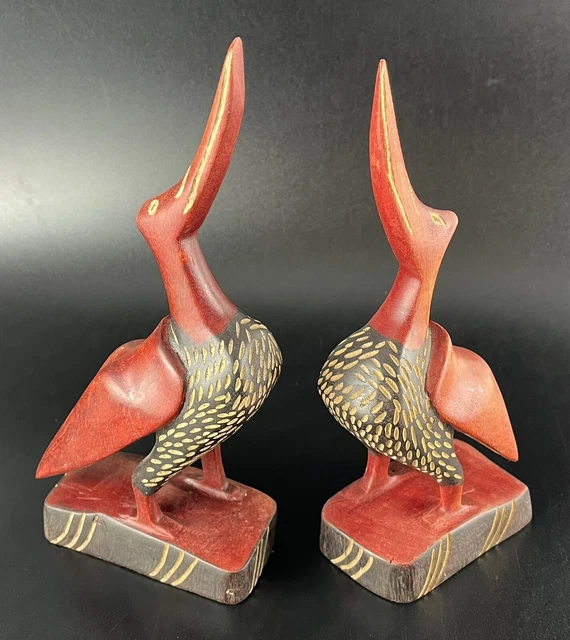 Vtg 80s Haitian Folk Art Carved Wood & Hand Painted Heron Bird Figurines Africa