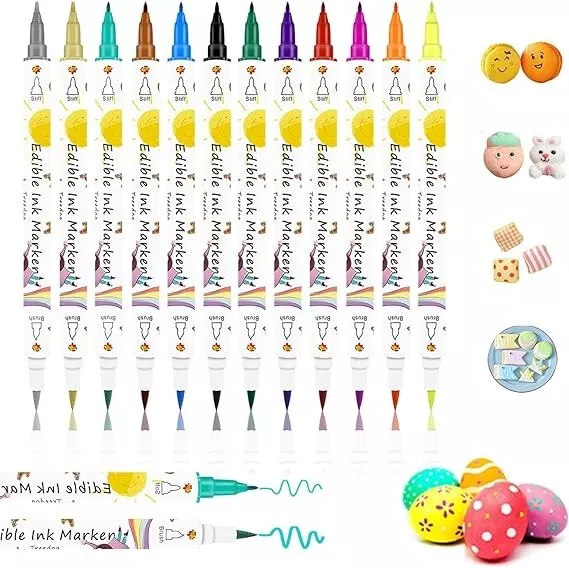 Edible Food Colouring Pens 12Pcs,Dual Sided Food Grade Icing Pens and Edible for