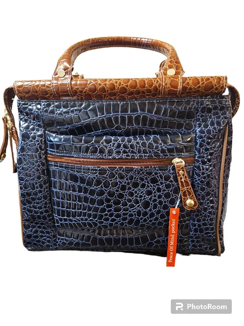 Samantha Brown Dowel Travel Bag Croc Embossed Navy & Brown Weekender Carry On 3