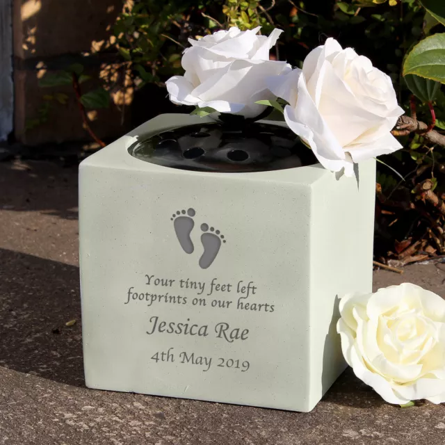 Personalised Baby Footprints Verse Memorial Vase Grave Flower Holder Cemetery