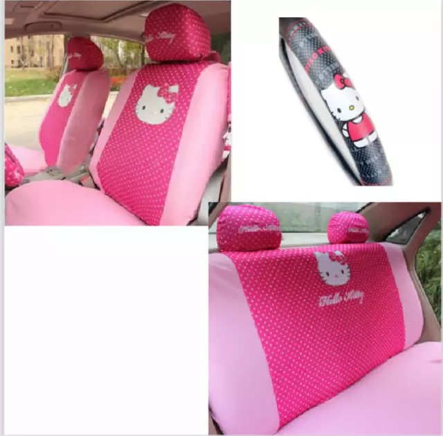 New Sanrio HOT PINK Hello Kitty Front  Back Car Seat Covers Steering Wheel Cover