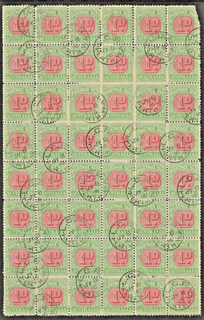 POSTAGE DUES - 1d BLOCK of 48 USED with PERTH July 8 1916 CDS SG D75 (CV $400+)