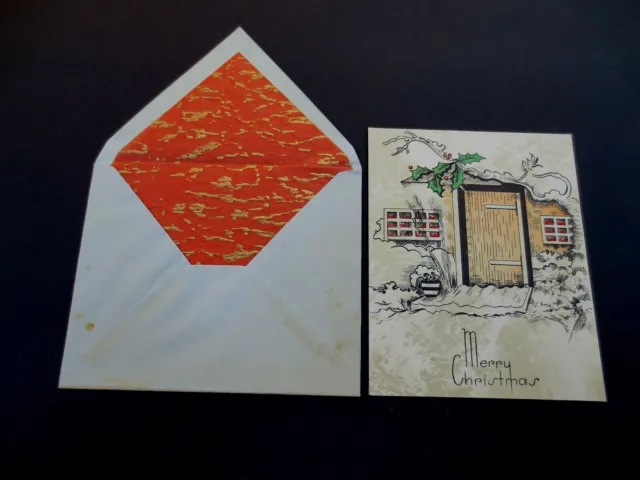 Vintage Unused Art Deco 1930's Xmas Greeting Card Country Cottage Door front