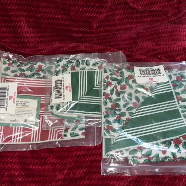 Longaberger 3 Traditional Holly Berry Red/green Stripe Reversible Accent Square