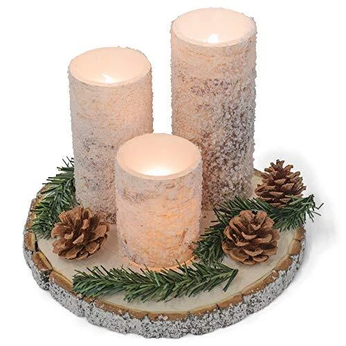Sugared White Birch Flameless LED Christmas Pillar Candle Set with Wood Base