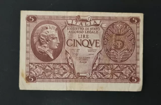 Banconota Cinque Lire 1944 Regno D'Italia