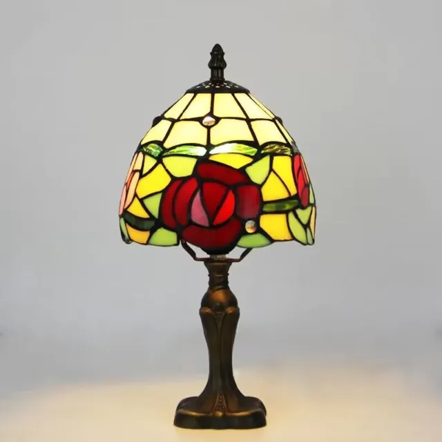 13" tall small tiffany table light bird rose flower design stained glass shade