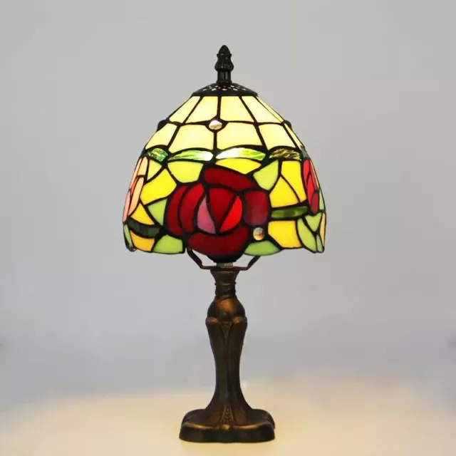 13" tall small tiffany table light bird rose flower design stained glass shade