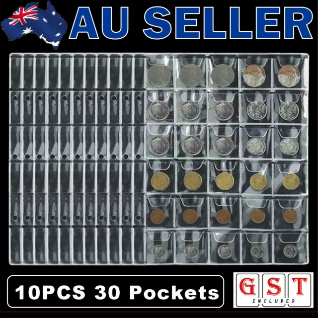 10x 30 Pockets Coin Holder Sheet Clear Storage Page Collection Album Folder Book