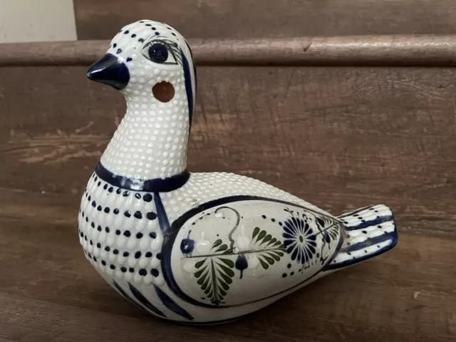 Mexican Tonala Pottery Duck Folk Art Figurine Blue And White Hand Painted VTG