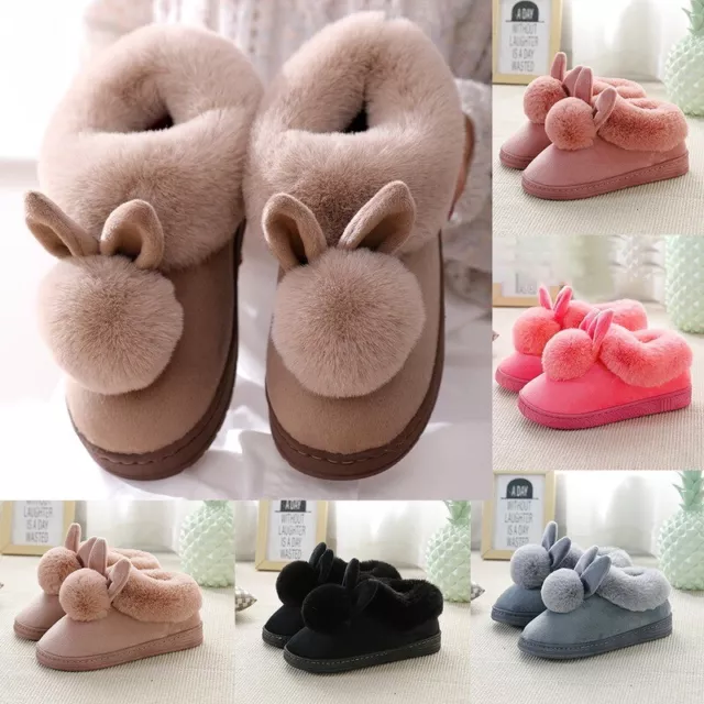 Womens Cute Winter Anti-slip Shoes Warm Plush Slippers Rabbit Ears House Indoor