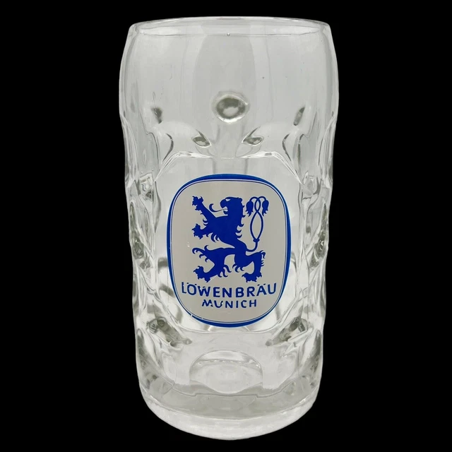VTG Lowenbrau Munich German Beer Stein Mug Heavy Dimpled Glass Barware Drinking