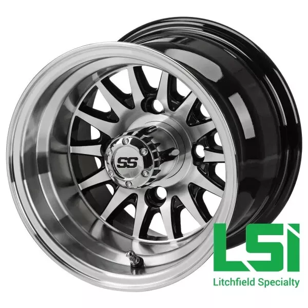 4) Golf Cart 10X7 MACHINED/BLACK 14-SPOKE GOLF CART WHEEL 3:4 Offset Medusa