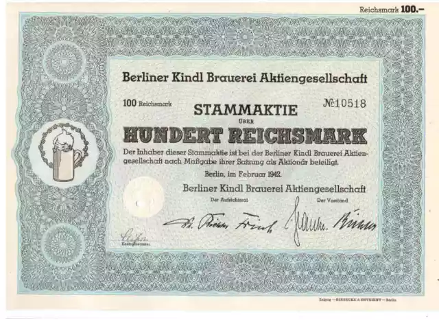 Berliner Kindl Brauerei AG  1942   Binding  Radeberger 100RM