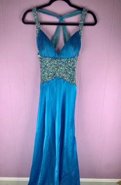 Blue Sequin Sparkly Silk Jovani Prom Dress Size 6 Gown Open Back