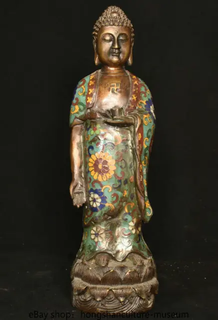 12.4" old Tibet Cloisonne Enamel Bronze Stand Shakyamuni Amitabha Buddha Statue