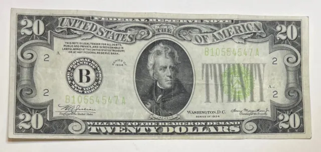 Series of 1934 United States $20 Small Federal Reserve Note New York Green Seal