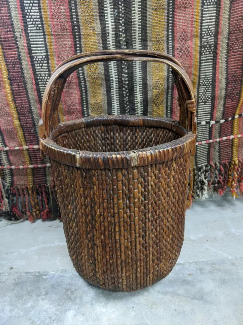 Antique Primitive Chinese Rice Gathering Basket Woven Willow 21"