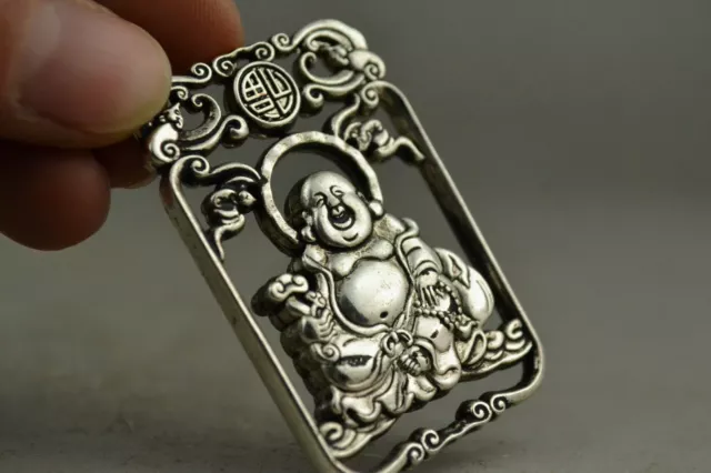 China Collectible Handwork Old miao silver carving  Maitreya Buddha pendant 3