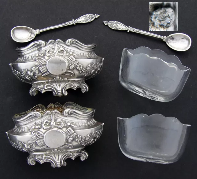 Pair Antique French Sterling Silver & Blown Glass Open Salts with Spoons, Empire