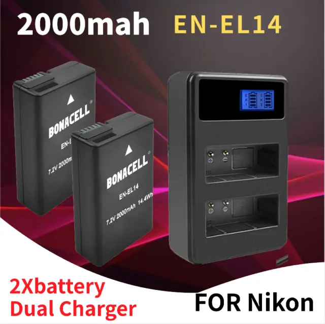 EN-EL14 2000mAh EL14A 2x Battery + LED Dual Charger For Nikon D3200 D5200 D3100