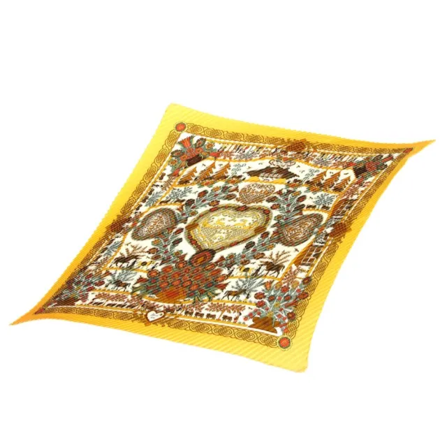 Hermes Decoupages Pleated Scarf Stylish Yellow Patterned Silk Size 90 #o088
