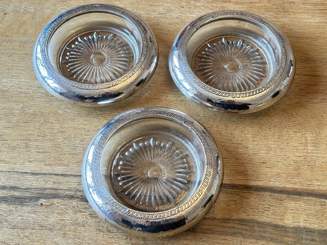 Antique Glass and Solid Silver Rimmed Pin Dishes, Silver bowls, coasters