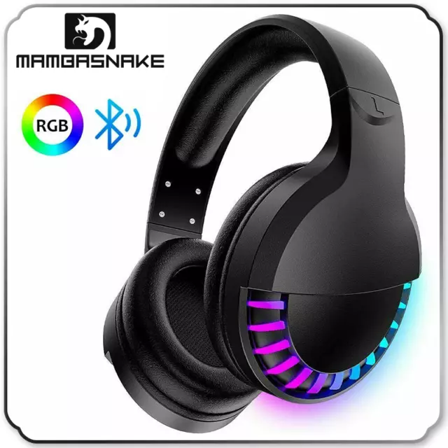 Wireless Bluetooth Gaming Headset Headphones with Mic for PC RGB Backlit Black