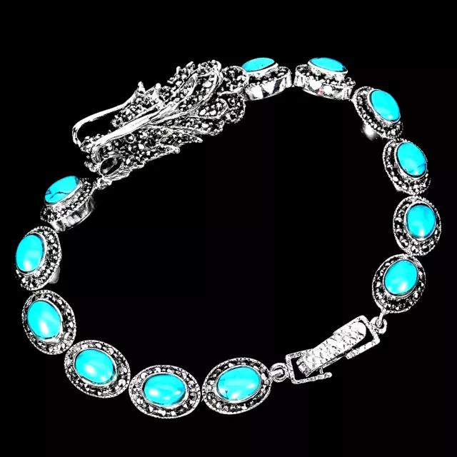 Turquoise & Marcasite Dragon Bracelet In Solid .925 Sterling Silver 7.25 In