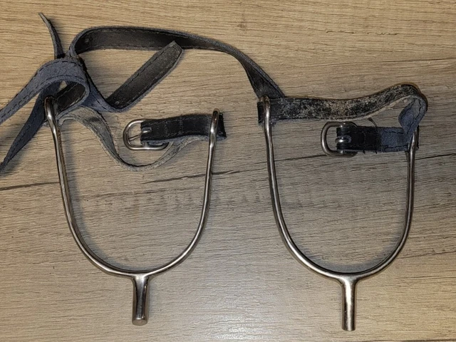 Vintage Pair heavy-duty spurs, steel, leather & brass Cowboy Horse Riding
