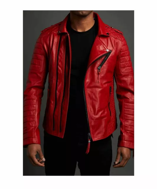 Nuovo da Uomo Originale Giacca IN Pelle Di Agnello Rosso Slim Motociclista