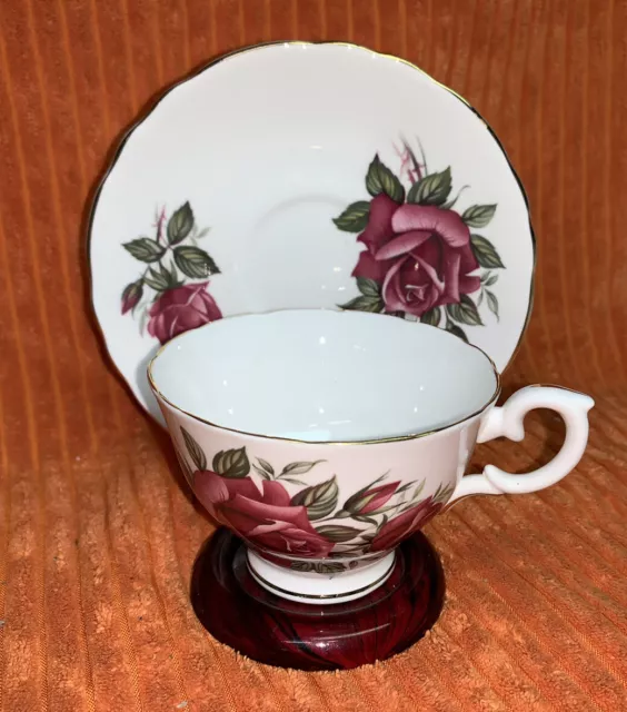 Taza de té y platillo vintage rosa floral Crown Staffire Inglaterra