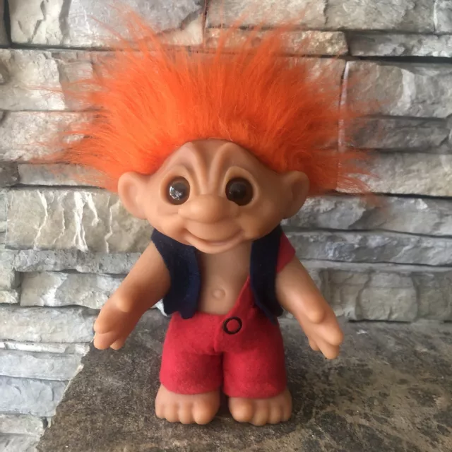 Vintage Dam Troll Doll! 6 1/2” 1977 Orange Hair Brown Eyes! Outfit! Denmark!