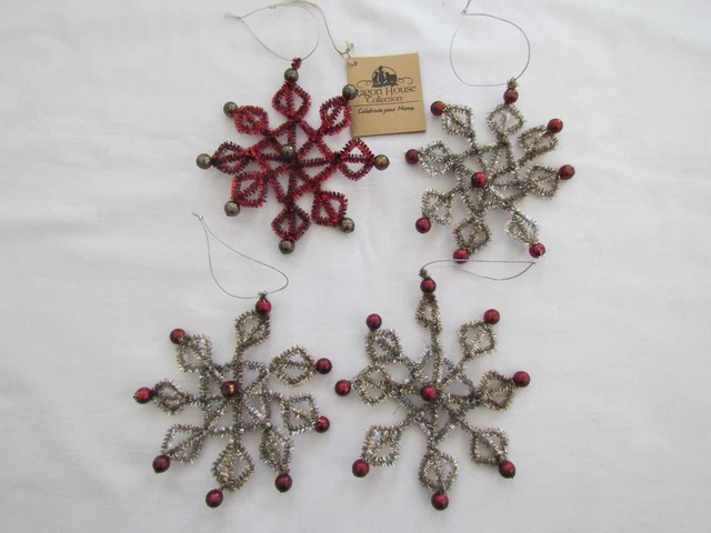 Snowflake Ornaments Silver & Red Tinsel vintage style ~ 4pc Ragon House NEW