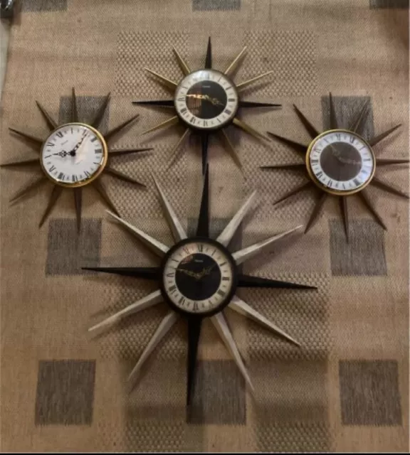 Vintage Mid Century Starburst Chronos Quartz Sun Style Wall Clocks