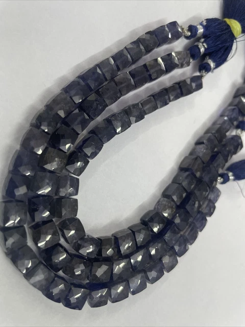 8" Natural Iolite Faceted 3D Cube Box Shape Gemstone Briollets 7-8mm Perles