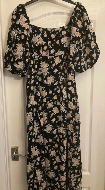 RIVER ISLAND Black Floral Midi Dress Size 12 RRP £42