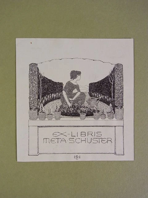 Exlibris für Meta Schuster. Motiv: Frau bei der Gartenarbeit. Lithographie Scher