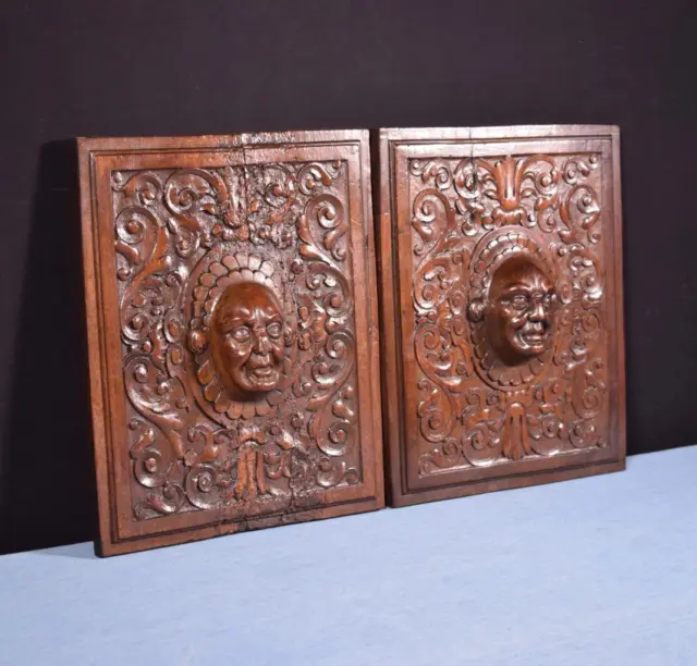 *Pair of Antique French Carved Architectural Panels in Solid Walnut Wood w/Faces 3