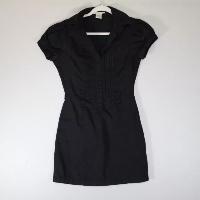 Vintage Hot Kiss Mini Dress Womens Size M Black Button Up Pleat Collar Rock Y2k
