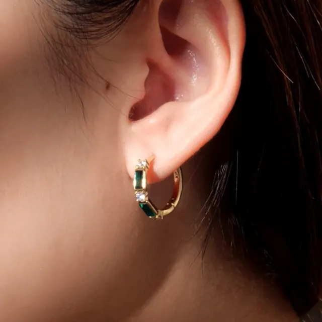 Gold hoop made with SWAROVSKI crystal emerald green stud huggie earrings