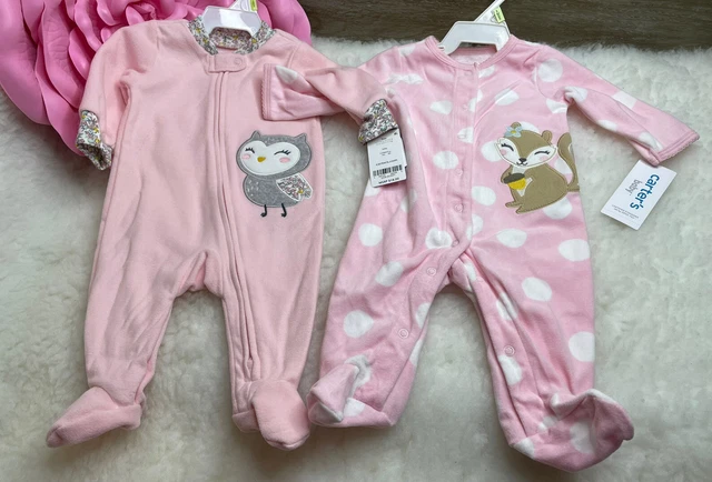 2 ~ CARTERS ~ 1-BABY GIRL WARM FLEECE PINK SQUIRREL SLEEPER & 1-Pink OWL FOOTIE