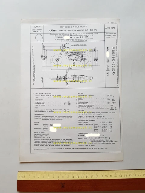 Harley-Davidson SX 175 1974 facsimile scheda omologazione DGM Motorizzazione