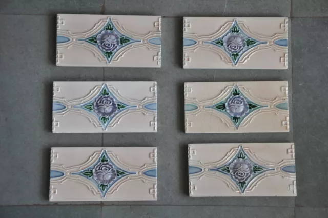 6 Pc Vintage Majolica Decorative Diamond Art Nouveau Architecture Tiles,Japan