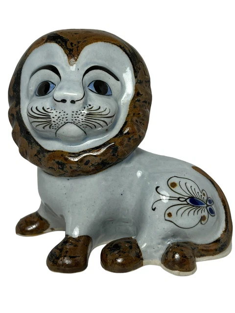 Hand Crafted Mexican Tonala Pottery Ceramic Lion Flowers Butterfly
