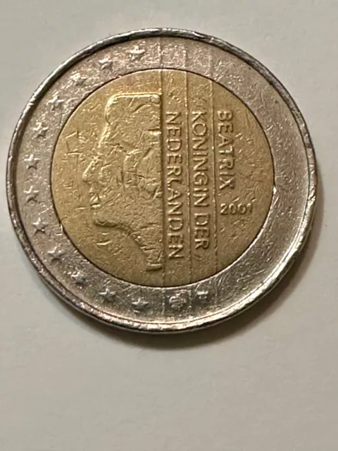 Pièce de monnaie 2 Euro Beatrix Pays-Bas 2001 avec des erreurs de frappe.